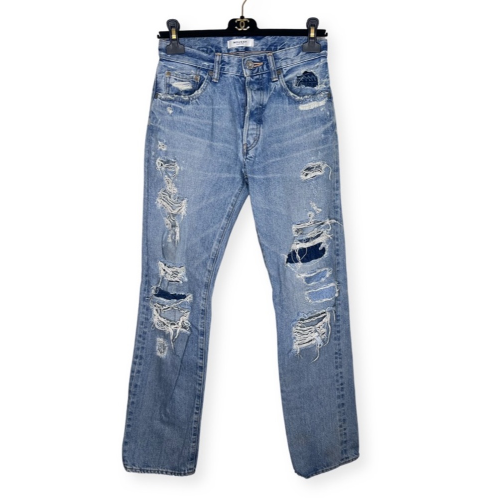 Moussy Denim Howa Straight Leg High Rise  Distressed Light Wash Jeans 25